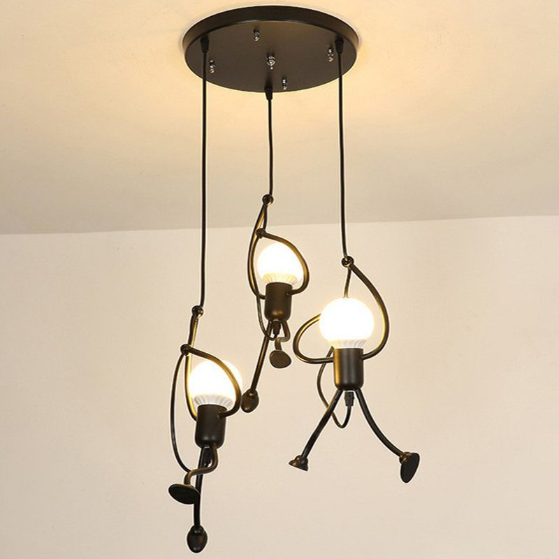 Artistic Stickman Shaped Pendant Lamp Metal 3-Light Dining Room Multiple Hanging Light in Black