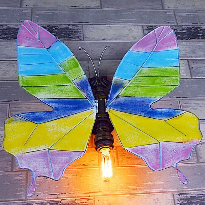 Metal Water Pipe Butterfly Sconce Lamp Loft Single-Bulb Corridor Wall Light in Black