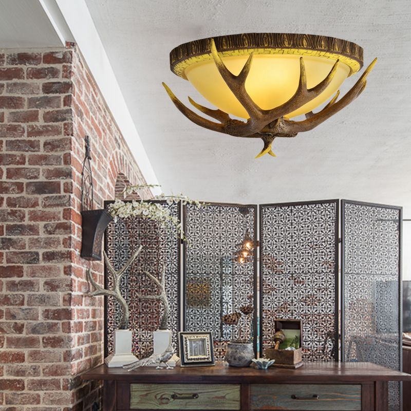 Brown 3 Lights Flush Mount Lighting Traditional Bamboo Dome Ceiling Mounted Fixture, 23.5"/16.5"/12.5" Wide