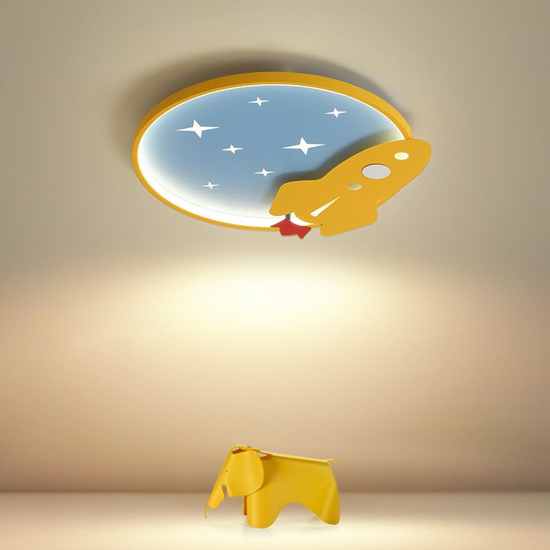 Lampe de plafond LED en métal de dessin animé de lumière affleurante de cercle jaune-bleu avec le décor de fusée
