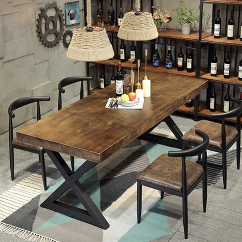Industrial Coffee Shop Dining Table Rectangle Wood and Metal Base Dining Table