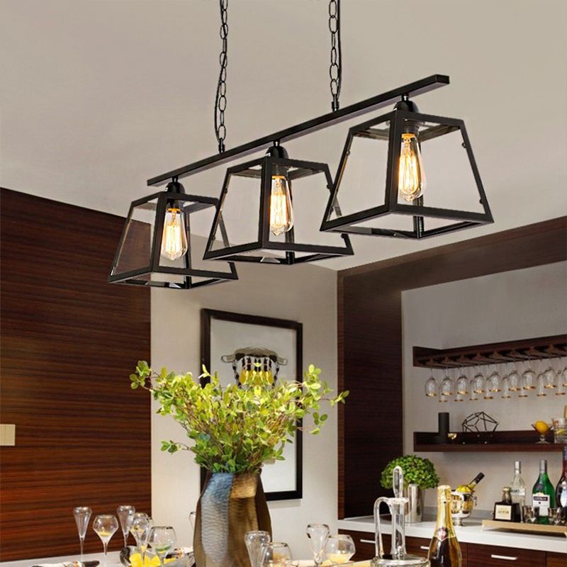 Black Pyramid Island Light Fixture Industrial Metal 3-Bulb Kitchen Hanging Lamp with Glass Panel