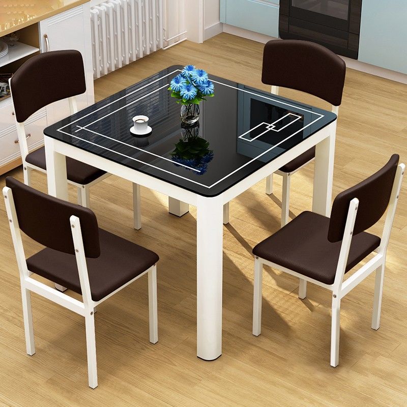 Mesa de comedor cuadrada de estilo industrial, mesa de comedor de vidrio con 4 patas
