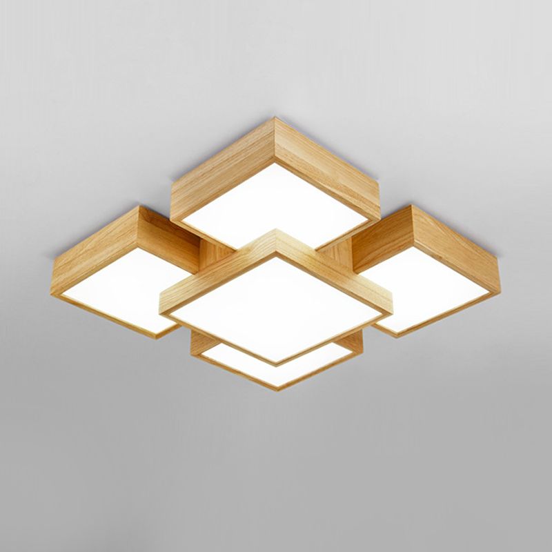 Beige Square Flush Mount Light Fixture Modernist 26"/31.5" Width LED Wood Ceiling Lighting