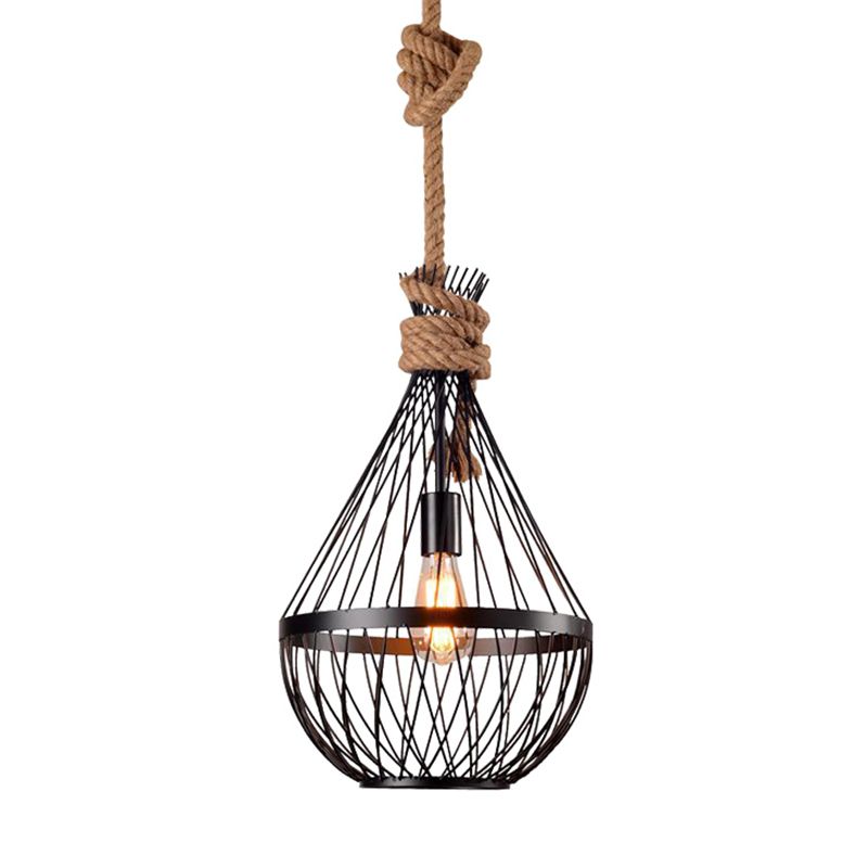 Pear-Shaped Iron Suspension Lighting Retro 1 Head Restaurant Pendant Ceiling Light with Hemp Rope in Black