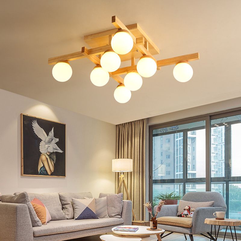 Ball-Shaped Semi Flush Light Fixture Modern Wood Living Room Semi Flush Chandelier