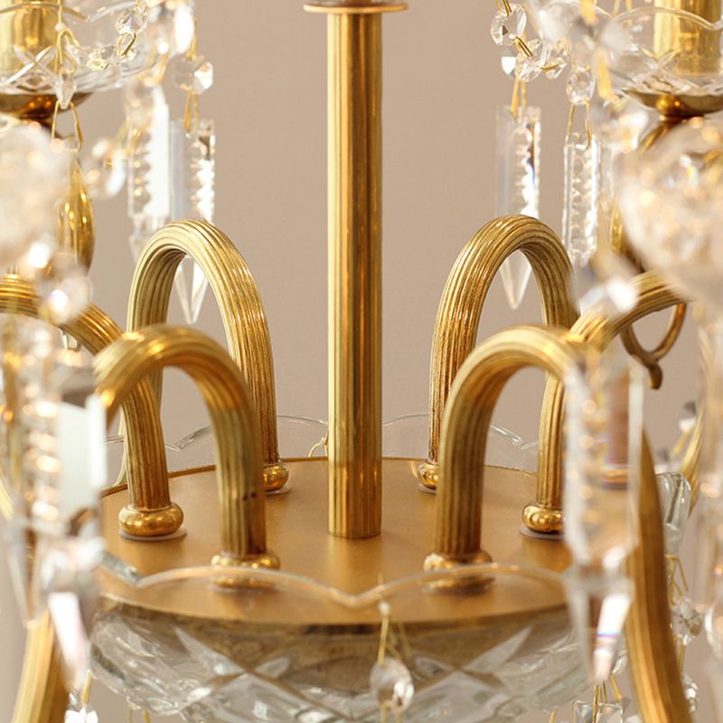 Gold Retro Rustic Style Crystal Large Chandelier Full Brass Candlestick Design Elegant Lighting Fixture for Living Room