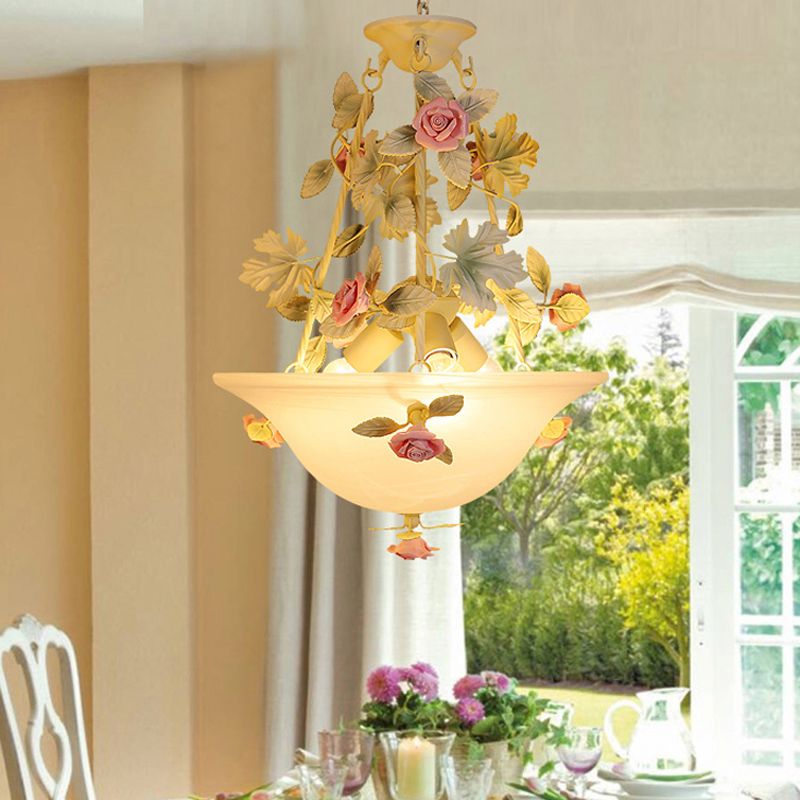3-Light Inverted Hat Shade Chandelier American Flower Green Opaline Glass Ceiling Pendant Lamp
