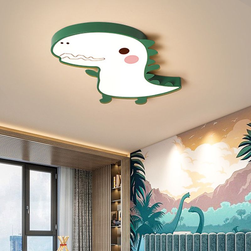 Pink/Green Dinosaur Flushmount Lamp Cartoon LED Aluminum Ceiling Light with Acrylic Diffuser in Warm/White Light