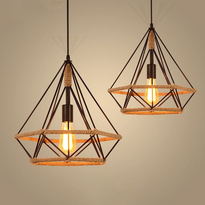 Diamond Cage Rope Ceiling Pendant Light Vintage Style Restaurant Pendant Ceiling Light in Beige