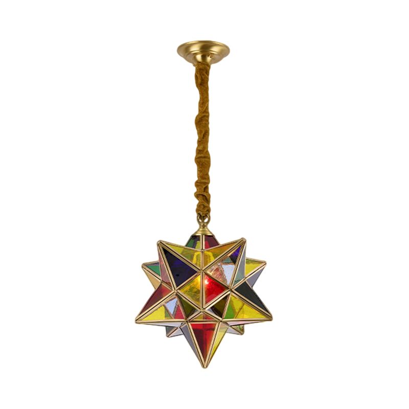 Star Shape Red Stained Glass Pendant Lighting Traditional 1 Head Dining Room Suspension Lamp