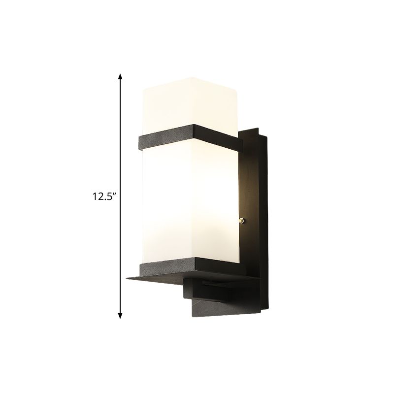 Rectangle White Glass Wall Lamp Fixture Retro 1 Light Porch Wall Sconce Lighting in Black, 5"/6" Wide