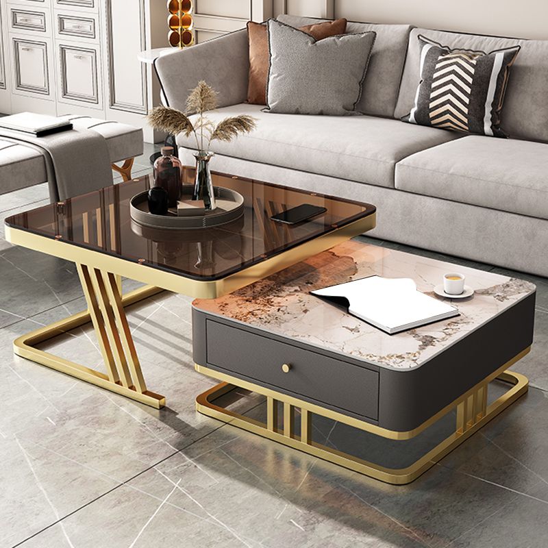 Glam Frame Coffee Table Glass/Slate Square Cocktail Table with Drawer