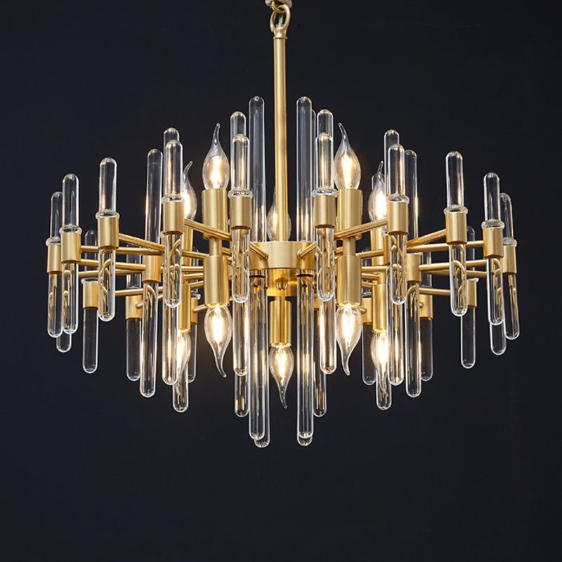 10 Heads Crystal Rod Drop Lamp Postmodern Brass Radial Living Room Chandelier Light