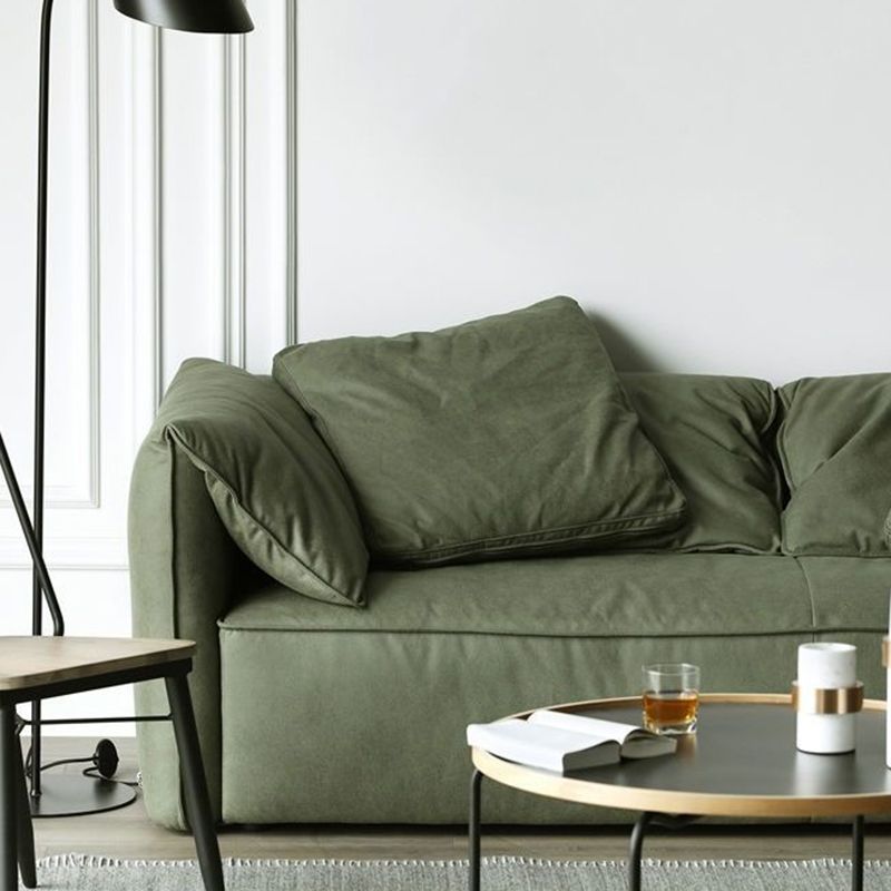 Living Room Faux Leather Settee Green Slipcovered Sofa with Pillow Top Arm