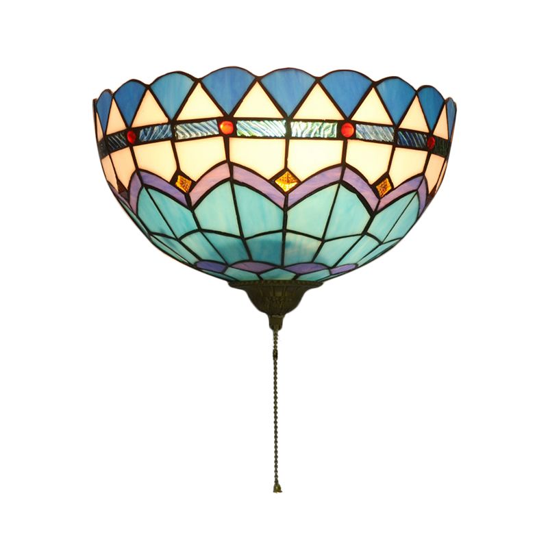 Baroque Bowl Wall Mount Light with/without Pull Chain Stained Glass 1 Light Wall Sconce Lighting in Blue