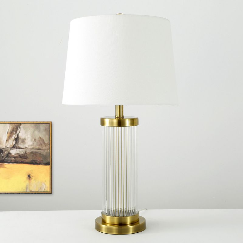 Lampada da tavolo moderna a 1 lampadina, luce dorata, a fiamma larga, piccola lampada da scrivania con paralume in tessuto