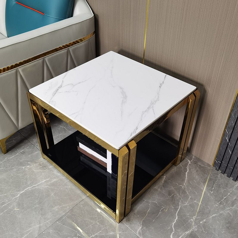 Modern Square Stone Top Side Table Stainless Steel Block End Snack Table