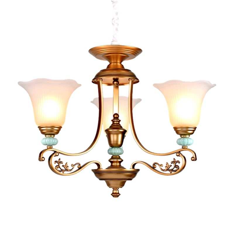 3/6/8-Head Bloom Ceiling Chandelier Rustic Style Gold Milky Glass Suspended Lighting Pendant with Curvy Arm