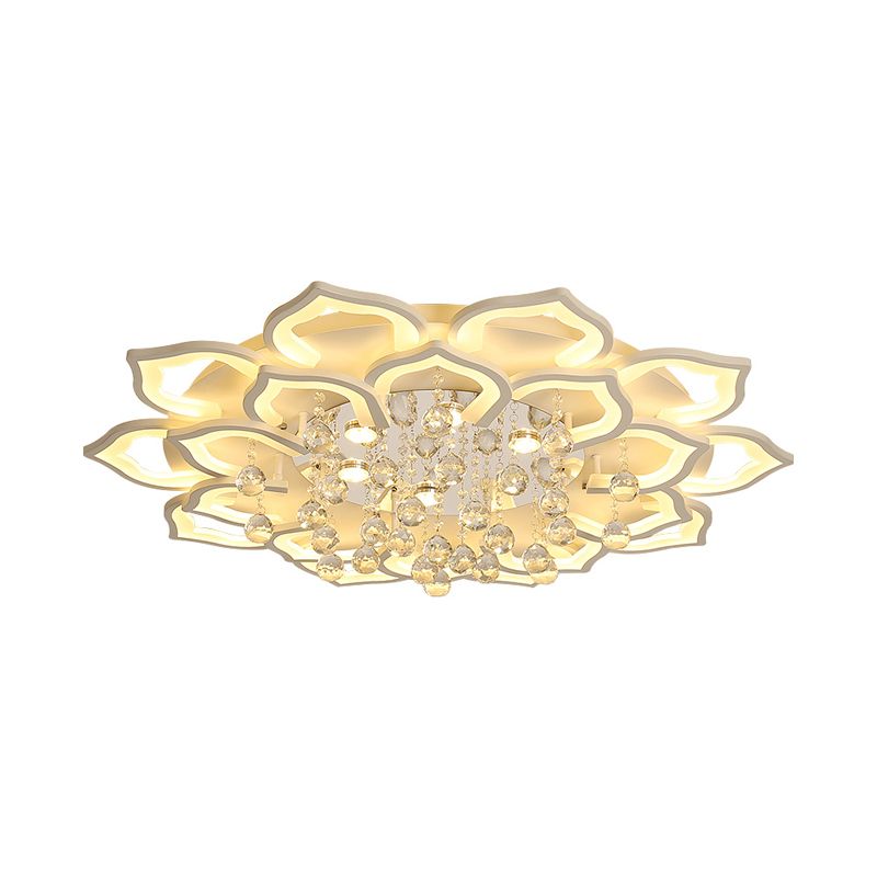 6/16/20 Lights Living Room Ceiling Light White Flush Mount Light Fixture in Warm/White Light with Floral Acrylic Shade and Crystal Drop