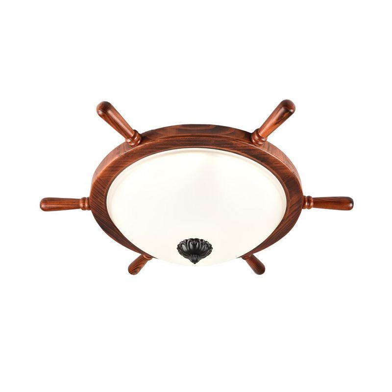 Brown 2-Light Flush Mount Light Rural Style Opal Glass Bowl Shade Close to Ceiling Lighting with Wood Frame
