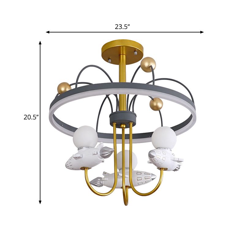 Raketen- und Orbitharz-Halbfluschen-Chandelier-Kinder 3-Fulbgold und graue Decke Flush Mount