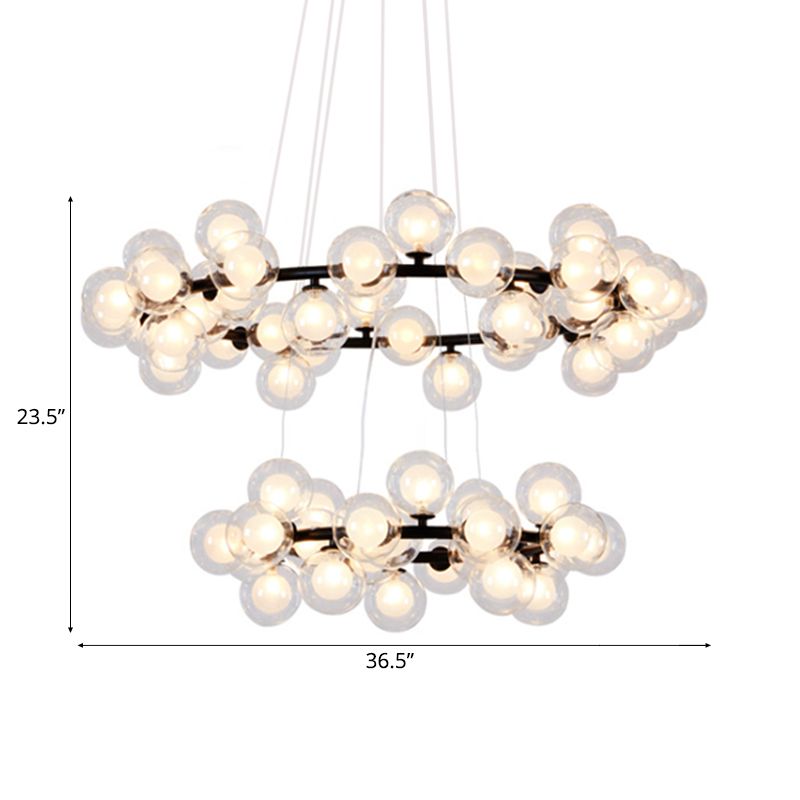 Lámpara de araña de burbujas Lámpara de vidrio transparente contemporáneo 2/3 niveles Lámpara de colgación de acabado negro con anillo de metal para sala de estar
