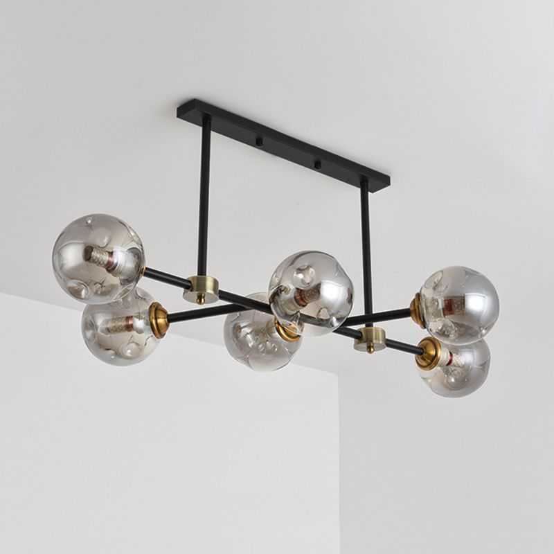 Luce di isola a 6 luci nere in moderno stile a sospensione in ferro battuto in stile creativo con tonalità di vetro
