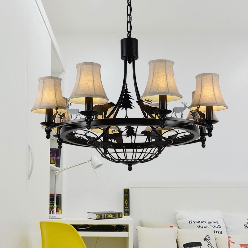 Metal Black Hanging Chandelier Bell 8 Bulb Luz de suspensión tradicional con sombra de tela de cono