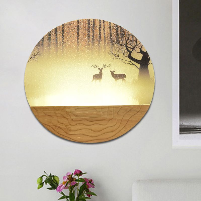 Acrylic Circular Shaped Wall Mounted Light Minimalist Style LED Wall Mural Lamp in Wood with Tree/Elk Pattern