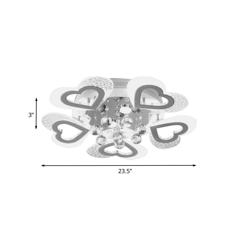 Modern Loving Heart Flush Ceiling Light Acrylic LED Bedroom Semi Flush Lamp Fixture in White with Crystal Ball Decor