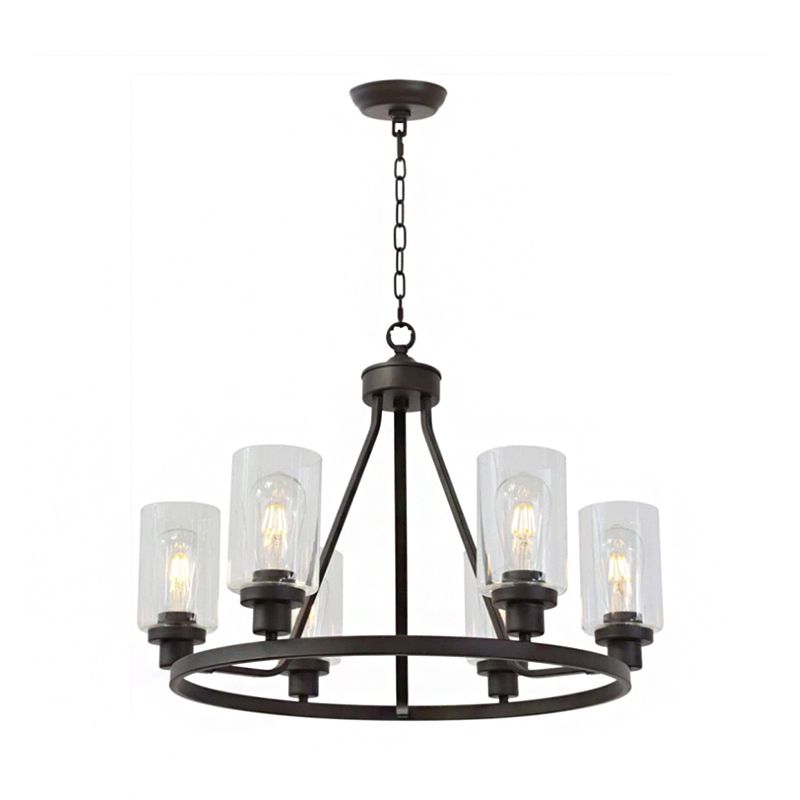 6-Light Wagon Wheel Chandelier Pendant Rustic Black Iron Ceiling Hang Light with Cylinder Clear Glass Shade