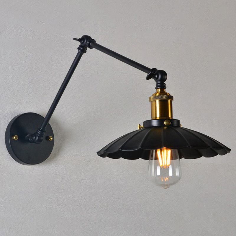 Loft Style Scalloped Wall Lamp 1 Head Iron Wall Mounted Light with Adjustable Arm in Black, 8"+8"/12"+12" W