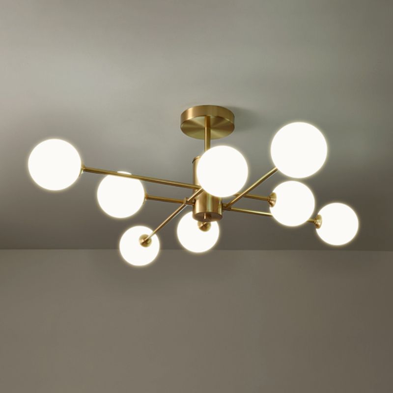 Gold Metal Ceiling Flush Mount Mid-Century Sphere Glass Shade Bedroom Semi Flush Mount Light