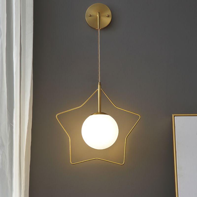 Metallic Star Wall Mounted Light Minimalist 1 Bulb Gold Wall Lighting Fixture with Ball White Glass Shade