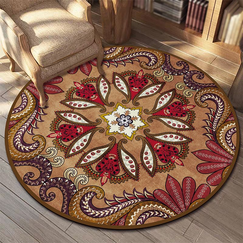 Round Paisley Print Carpet Antique Area Rug Polyester Non-Slip Backing Rug for Living Room