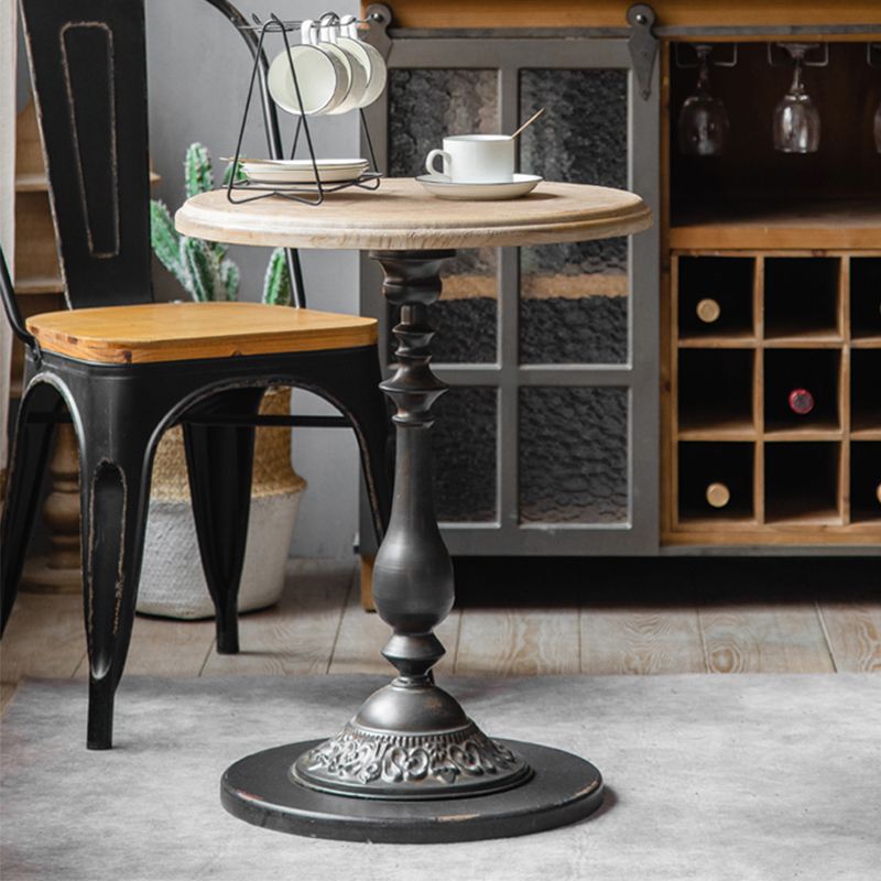 French Country Round Solid Wood Top Coffee Table Iron Pedestal Cocktail Table