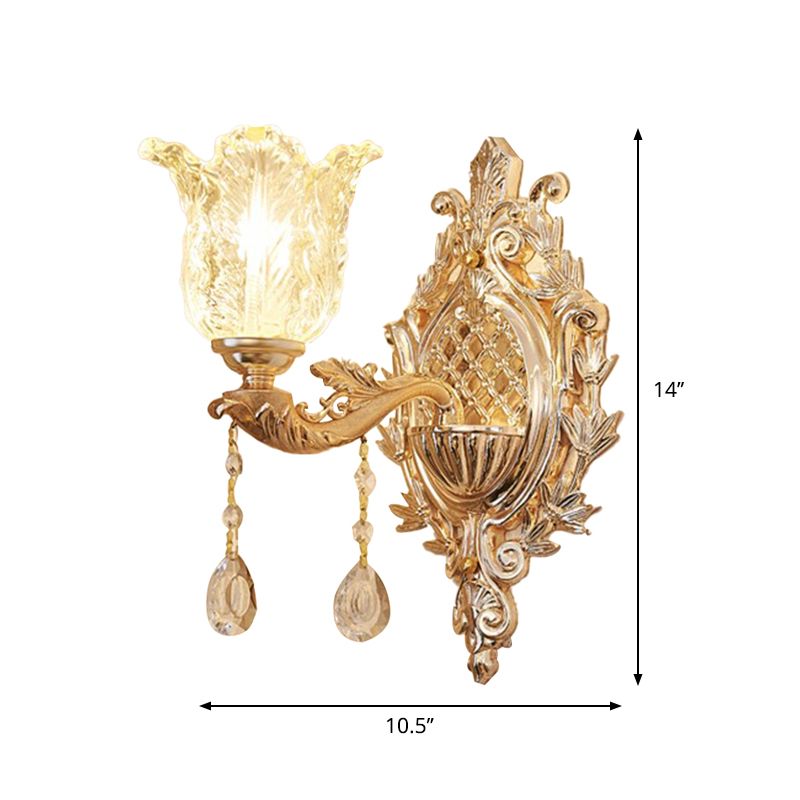 Single Ruffle Glass Wall Light Traditional Gold Floral Shade Bedroom Wall Mounted Lamp