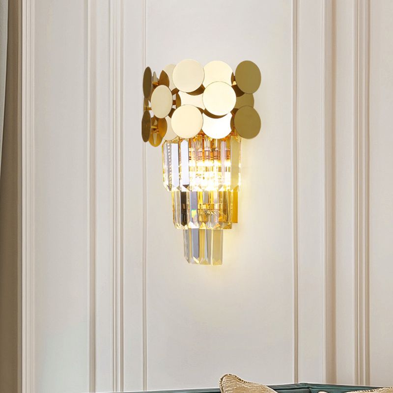 1-Bulb Wall Lighting Modernism Living Room Sconce Light with Tiered Crystal Block Shade in Gold