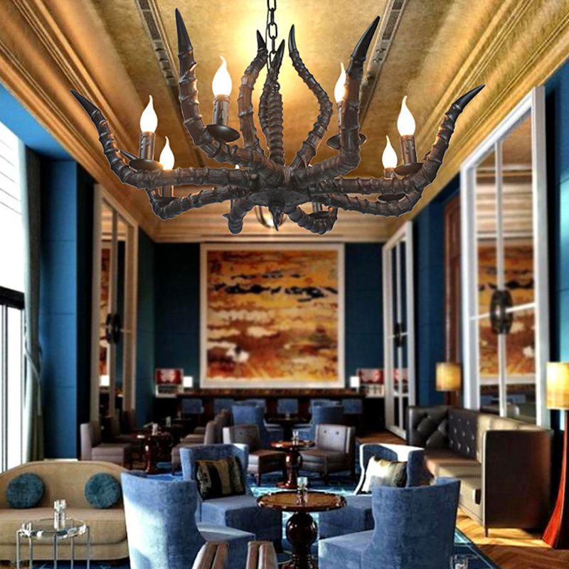 Resin Black Hanging Chandelier Horn 8 Bulbs Traditional Pendant Light Fixture for Restaurant
