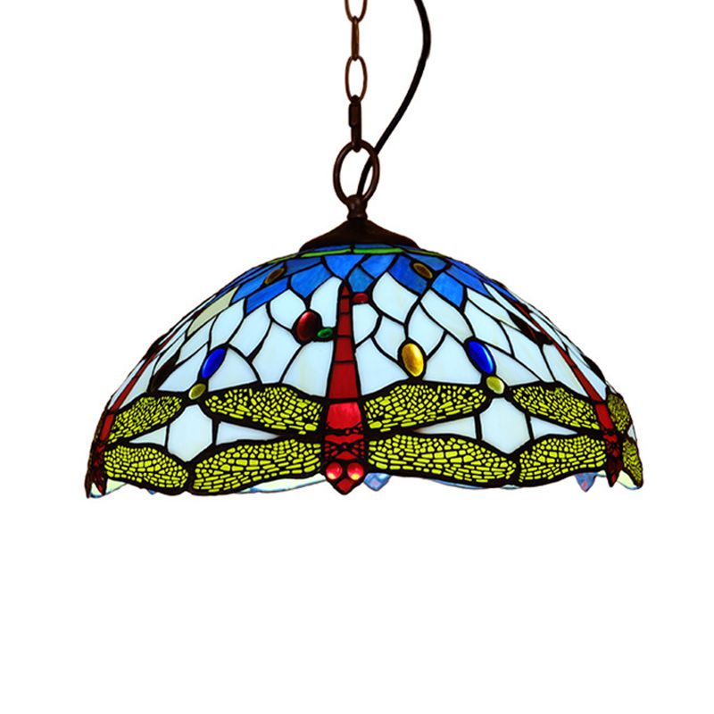 Tiffany Dragonfly hanglampverlichting 1 licht gebrandschilderd glazen plafondlicht in rood/geel/blauw voor keuken