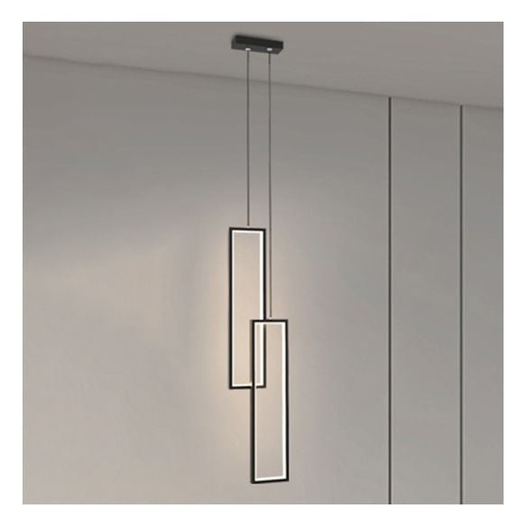 Rectangular LED Pendant Light Minimalist Metal 2-Light Bedside Hanging Light in Black