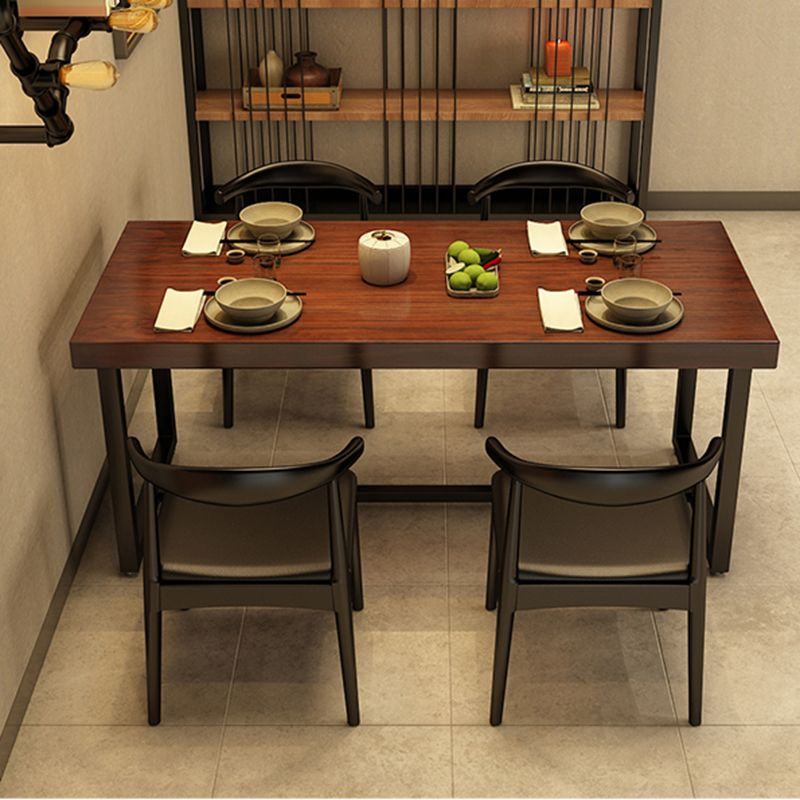 Rectangle Industrial Brown Dining Table Solid Wood and Metal Trestle Base Dining Table