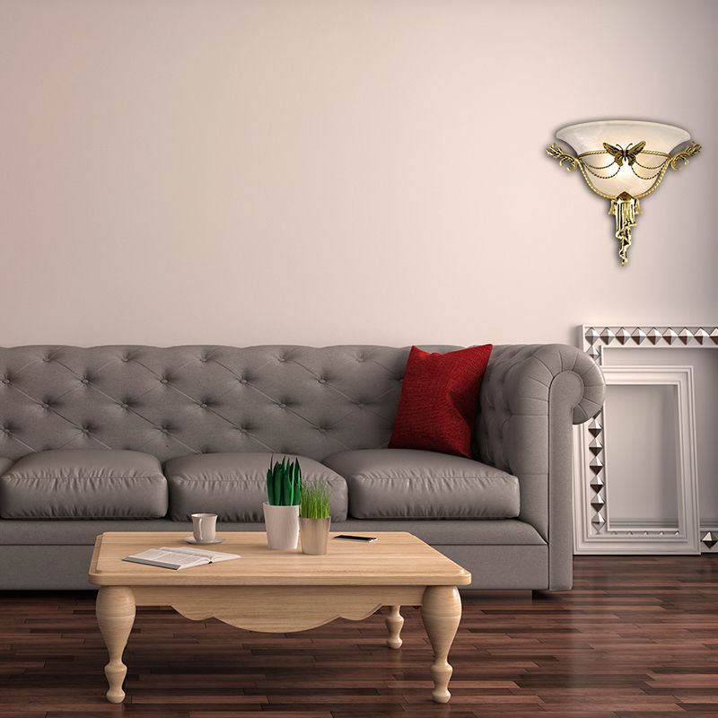 Trumpet Flare Sconce Light Colonization Milk Glass 1 Bulb Wall Mounted Lamp with Brass Metal Butterfly Deco
