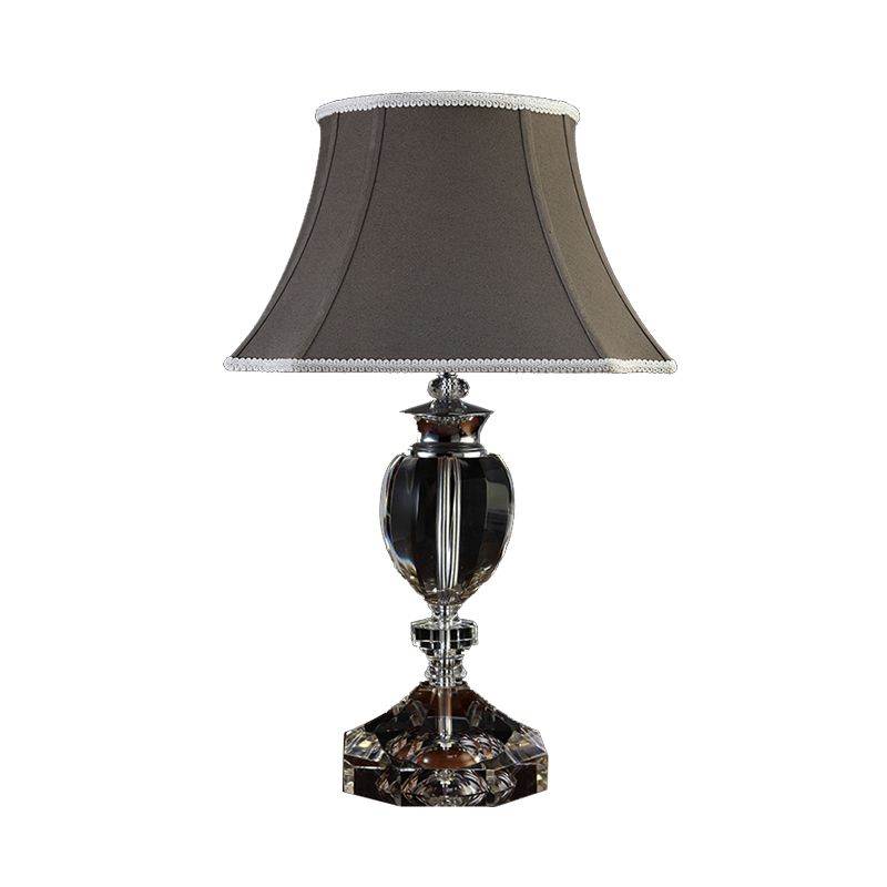 Lampada da tavolo a campana grigia in tessuto per camera da letto a testa singola luce notturna con base di cristallo