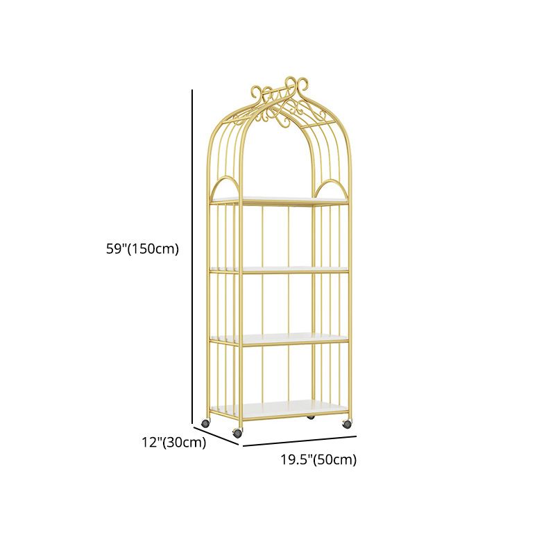 Gold Vertical Bookshelf Iron Frame Solid Wood Shelf Bookcase with Caster Wheels