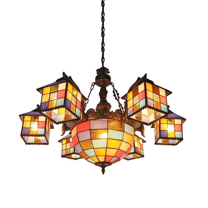 Cut Glass House/Bell Chandelier Light Mediterranean 7 Lights Brass Ceiling Pendant Light for Living Room