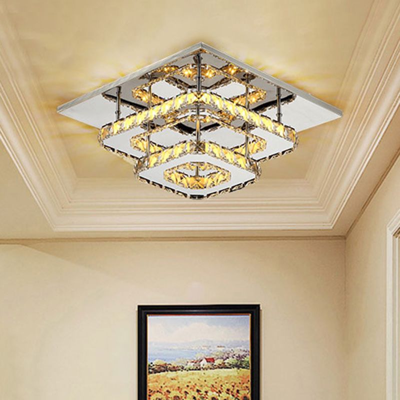 Square Layered Flush Mount Light Modern Amber Crystal Block Ceiling Light in Chrome