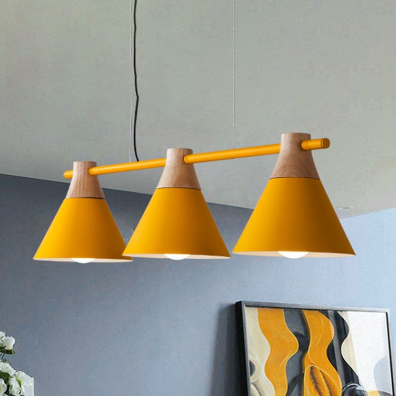 Triple Light Cone Shade Island Lighting Nordic Metal Hanging Chandelier in Green/Grey/Yellow for Kitchen