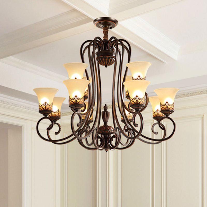 Red-Black Flared Shade Ceiling Lighting Traditional Frosted Glass Living Room Chandelier Light Fixture